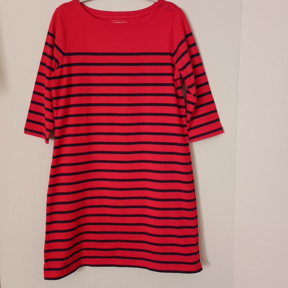 L.L. Bean Breton Striped‎ Dress Red Blue Nautical Coastal Grandma Large Petite